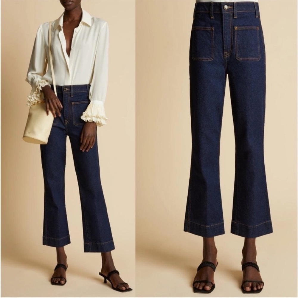 Khaite Raquel Patch Pocket Crop Flare Jeans Dark Blue Wash Sz 32